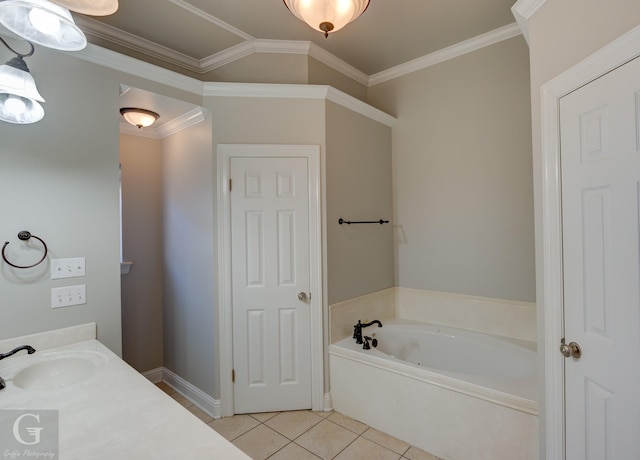 bathroom with crown molding, a bathing tub, tile patterned floors, and vanity