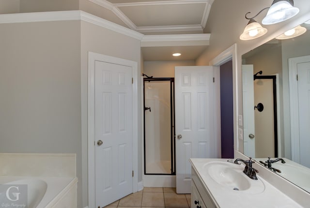 bathroom featuring vanity, crown molding, tile patterned floors, and separate shower and tub