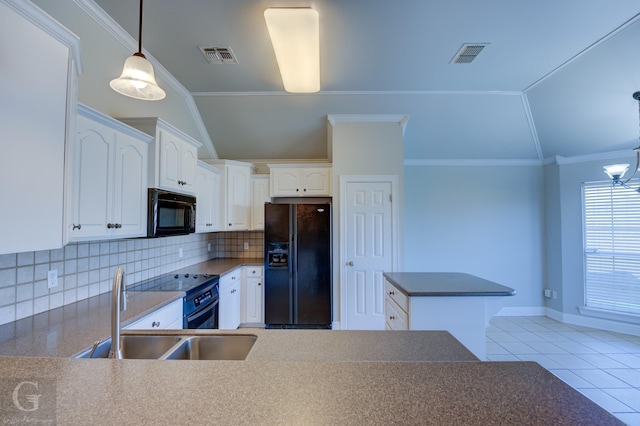 kitchen with white cabinetry, sink, light tile patterned floors, black appliances, and crown molding