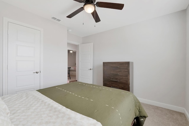 bedroom featuring ceiling fan and carpet flooring