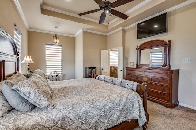 bedroom with ceiling fan, carpet, a raised ceiling, and crown molding