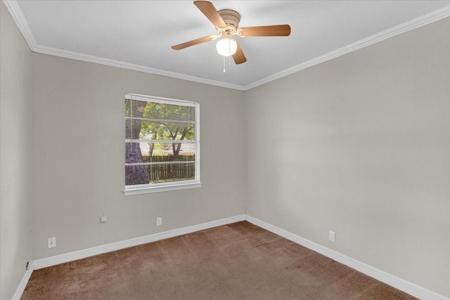 spare room featuring crown molding, carpet floors, and ceiling fan