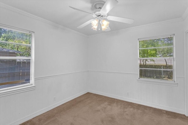 carpeted spare room with ceiling fan, crown molding, and a healthy amount of sunlight