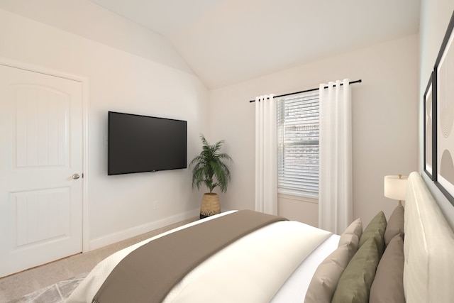 carpeted bedroom with vaulted ceiling