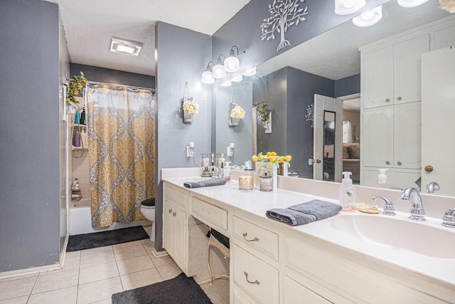 full bathroom featuring tile patterned flooring, a textured ceiling, toilet, shower / tub combo with curtain, and vanity