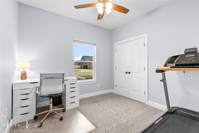 office featuring carpet flooring and ceiling fan