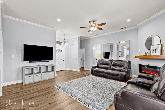 living room featuring hardwood / wood-style floors, ceiling fan with notable chandelier, and crown molding