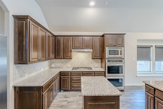 kitchen featuring lofted ceiling, appliances with stainless steel finishes, and dark brown cabinets