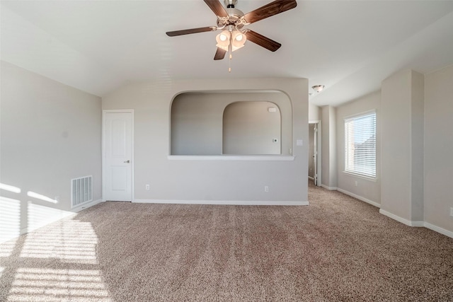 unfurnished living room with carpet, ceiling fan, and lofted ceiling