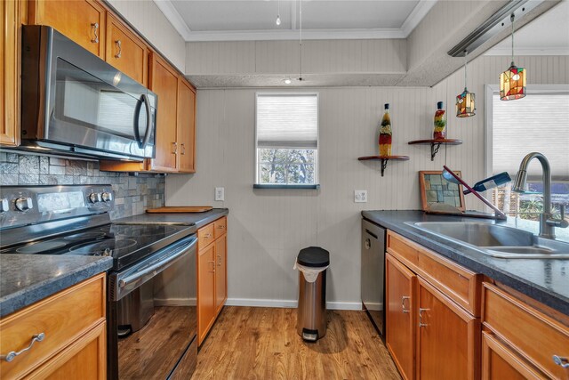 kitchen featuring stainless steel appliances, crown molding, sink, light hardwood / wood-style flooring, and hanging light fixtures