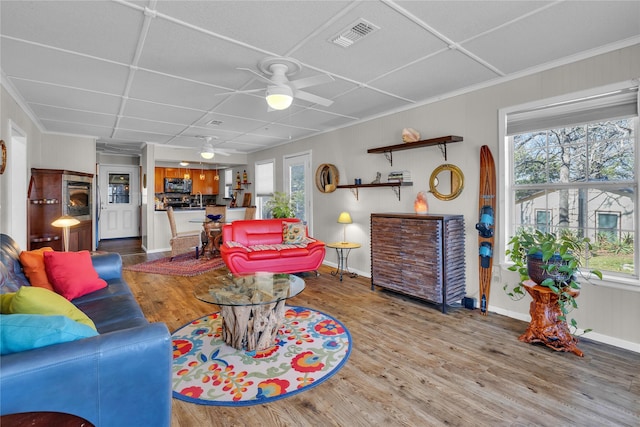 living room with ceiling fan and wood-type flooring