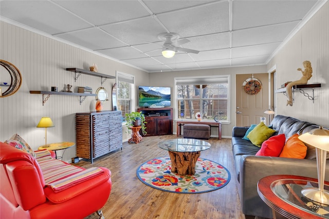 living room with hardwood / wood-style flooring, ceiling fan, a drop ceiling, and ornamental molding