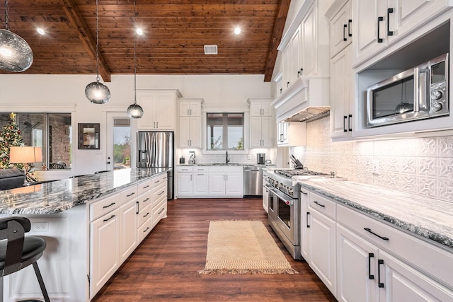 kitchen with white cabinetry, wood ceiling, light stone counters, and appliances with stainless steel finishes