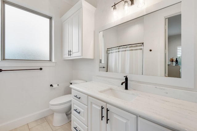 10794 County Road 334, Tyler, TX 75708 - bathroom featuring a shower with shower curtain, baseboards, toilet, vanity, and tile patterned flooring