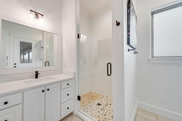 bathroom with tile patterned flooring, vanity, and an enclosed shower