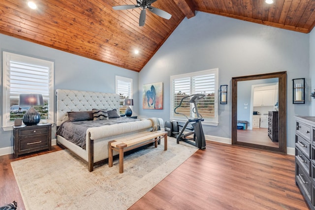10794 County Road 334, Tyler, TX 75708 - bedroom with baseboards, high vaulted ceiling, wood finished floors, and wood ceiling