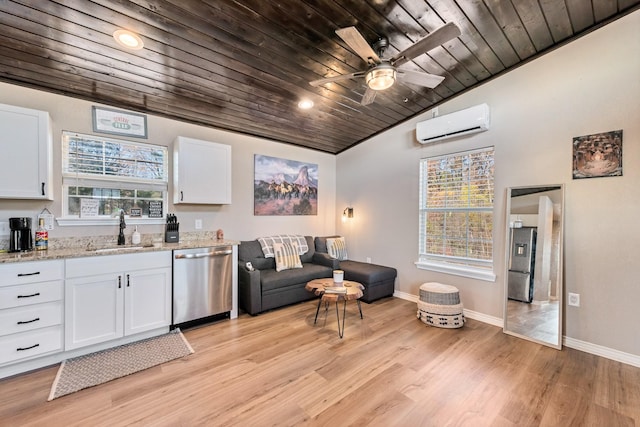 10794 County Road 334, Tyler, TX 75708 - living room with a wall mounted air conditioner, baseboards, lofted ceiling, light wood-type flooring, and wood ceiling