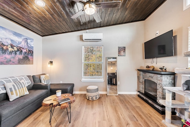 10794 County Road 334, Tyler, TX 75708 - living room featuring baseboards, wood ceiling, a ceiling fan, a wall mounted air conditioner, and wood finished floors
