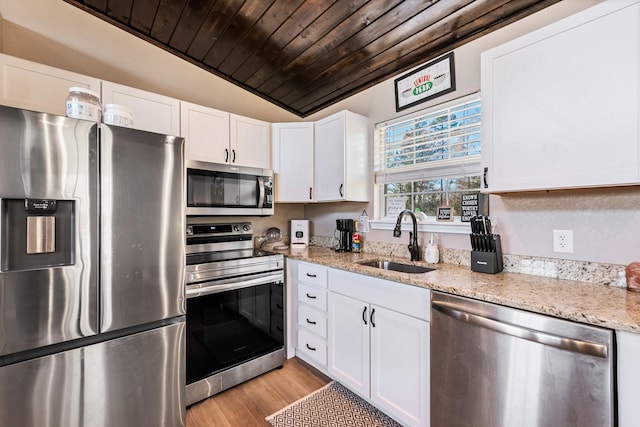 10794 County Road 334, Tyler, TX 75708 - kitchen featuring appliances with stainless steel finishes, white cabinetry, a sink, vaulted ceiling, and wooden ceiling