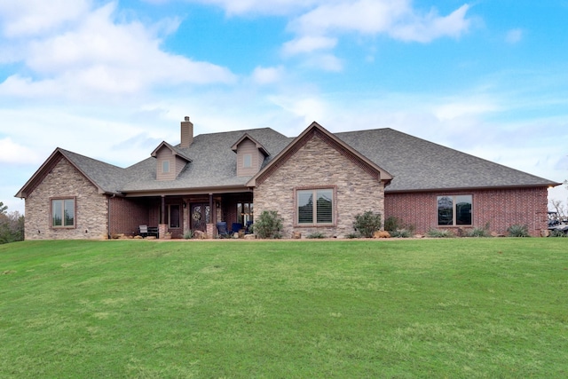 10794 County Road 334, Tyler, TX 75708 - rear view of property with stone siding, brick siding, a shingled roof, a yard, and a chimney