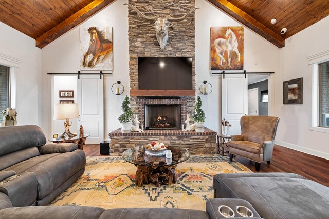 dining space with dark hardwood / wood-style floors, wooden ceiling, and high vaulted ceiling