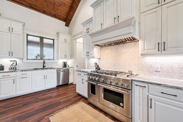 kitchen with wooden ceiling, stainless steel appliances, vaulted ceiling with beams, white cabinets, and custom range hood