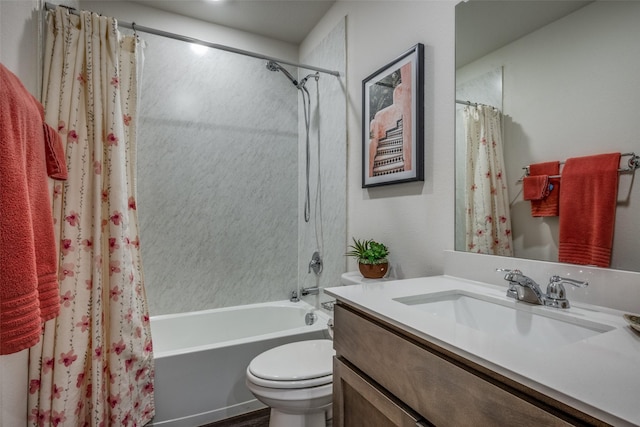 full bathroom with toilet, vanity, and shower / bath combination with curtain