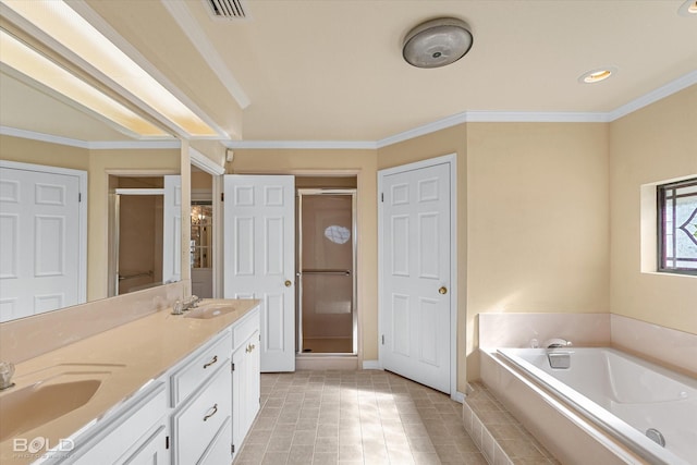 bathroom with ornamental molding, independent shower and bath, and vanity