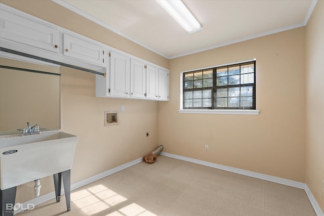 washroom featuring washer hookup, electric dryer hookup, ornamental molding, and cabinets