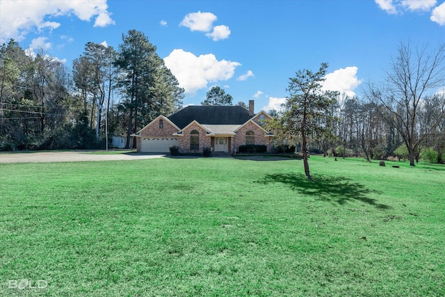 single story home with a garage and a front lawn