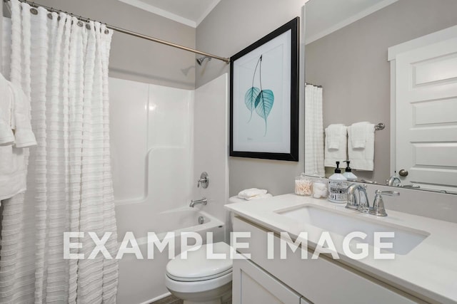 full bathroom with toilet, vanity, shower / tub combo with curtain, and ornamental molding