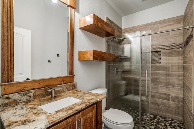 bathroom featuring toilet, vanity, and walk in shower