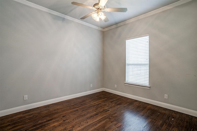 unfurnished room with dark hardwood / wood-style flooring, ceiling fan, plenty of natural light, and ornamental molding