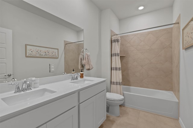 full bathroom featuring toilet, shower / bath combo, vanity, and tile patterned floors