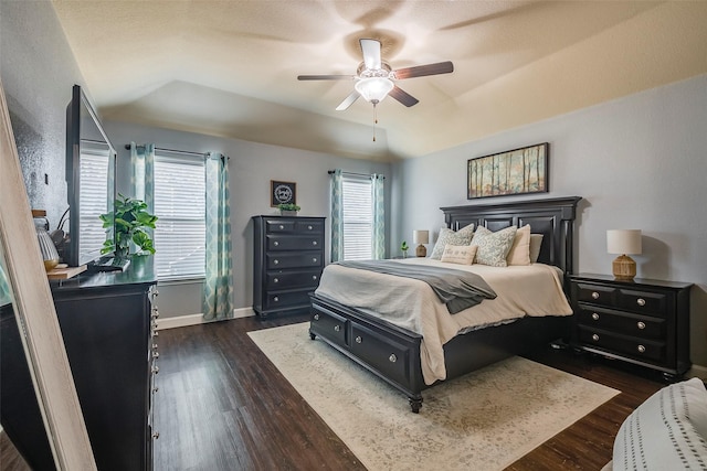 bedroom with ceiling fan, a raised ceiling, dark wood-type flooring, and multiple windows