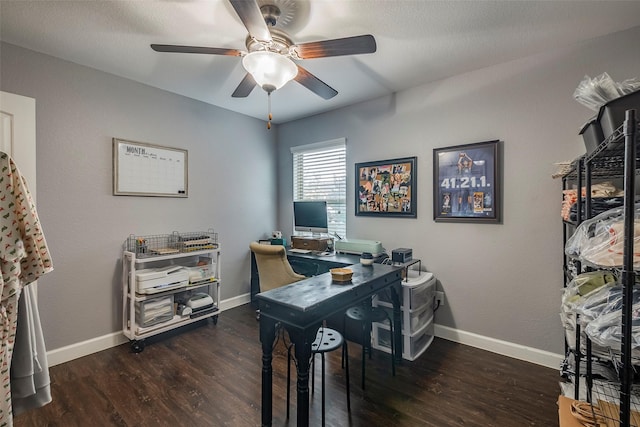 office area featuring ceiling fan and dark hardwood / wood-style flooring