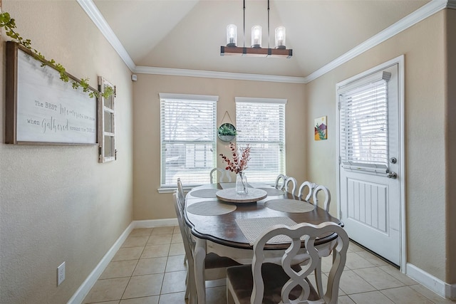 tiled dining area with an inviting chandelier, vaulted ceiling, and ornamental molding