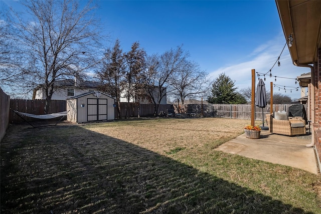 view of yard featuring a patio and a shed