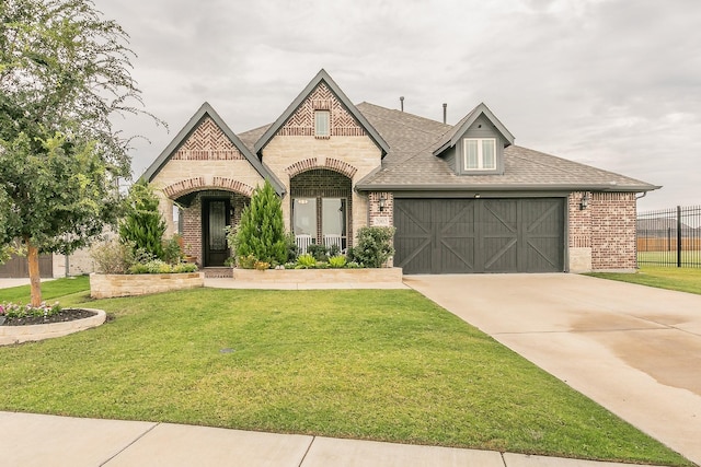 view of front of property featuring a front yard and a garage