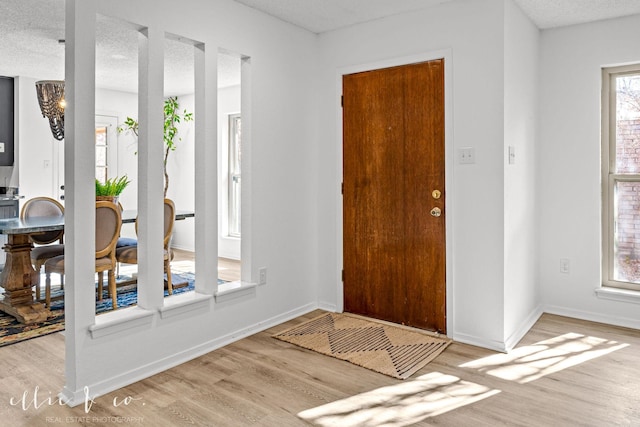 entrance foyer with a textured ceiling and light hardwood / wood-style flooring