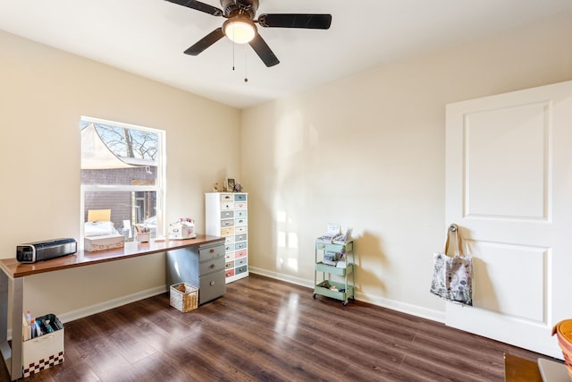 home office featuring ceiling fan and dark hardwood / wood-style floors