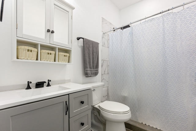 bathroom featuring vanity, curtained shower, and toilet