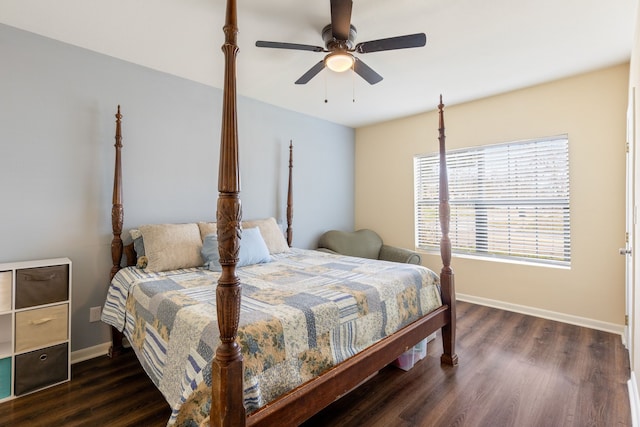 bedroom featuring ceiling fan and dark hardwood / wood-style flooring