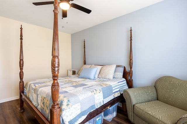 bedroom with dark wood-type flooring and ceiling fan