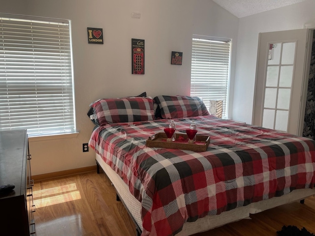 bedroom with multiple windows, vaulted ceiling, and light hardwood / wood-style floors