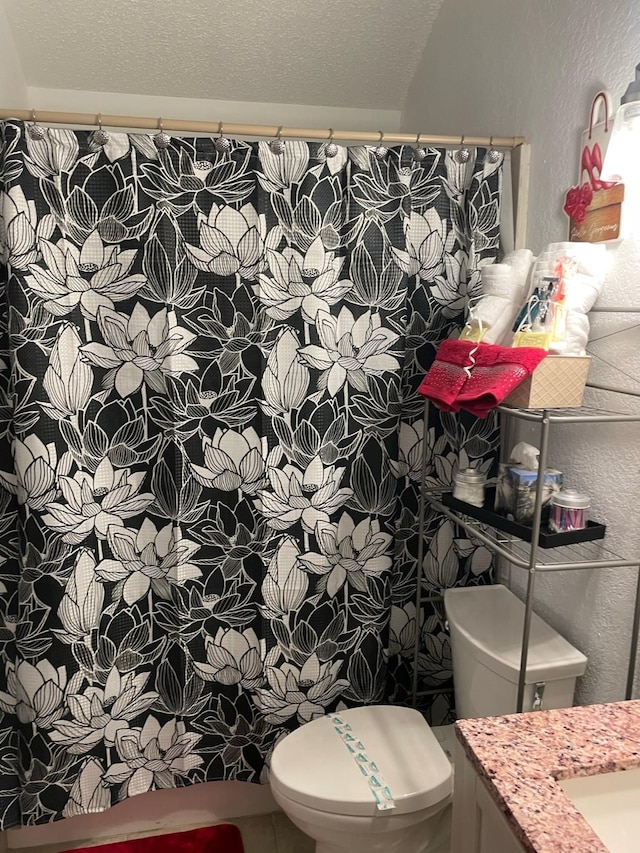 bathroom with vanity, toilet, and a textured ceiling