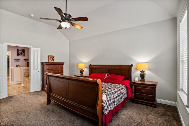 bedroom with carpet floors, ceiling fan, and vaulted ceiling