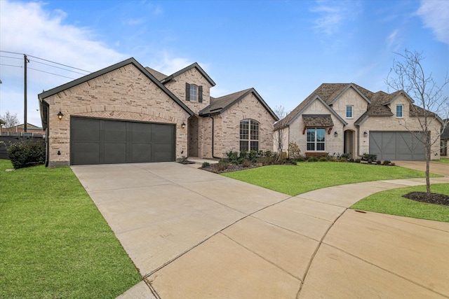 french country style house featuring a garage and a front lawn