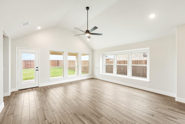 interior space featuring light wood-style flooring, visible vents, baseboards, and ceiling fan