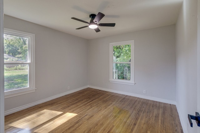 empty room featuring a healthy amount of sunlight, ceiling fan, and light hardwood / wood-style floors